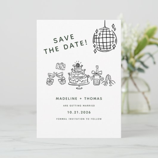 Met de Hand Getekende Krabbel Disco Bruiloft Save  Save The Date (Staand voorkant)