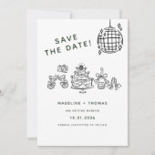 Met de Hand Getekende Krabbel Disco Bruiloft Save The Date (Voorkant)
