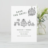 Met de Hand Getekende Krabbel Disco Bruiloft Save The Date (Staand voorkant)