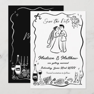 Met de Hand Getekende Krabbel Doodles Bruid & Brui Save The Date