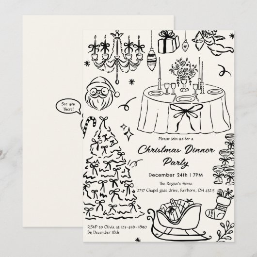 Met de Hand Getekende Krabbel Doodles Kerstfeest Kaart (Voorkant / Achterkant)