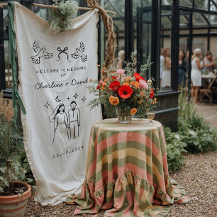 Met de Hand Getekende Krabbel Huwelijks Verwelkomi Wandkleed