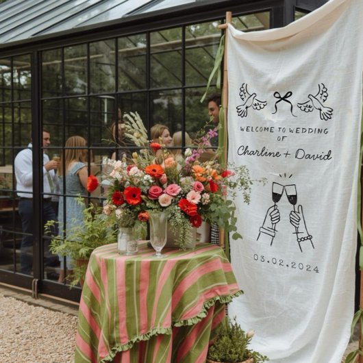 Met de Hand Getekende Krabbel Huwelijks Welkom Wandkleed