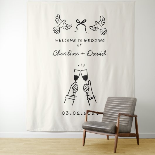 Met de Hand Getekende Krabbel Huwelijks Welkom Wandkleed (In situ)