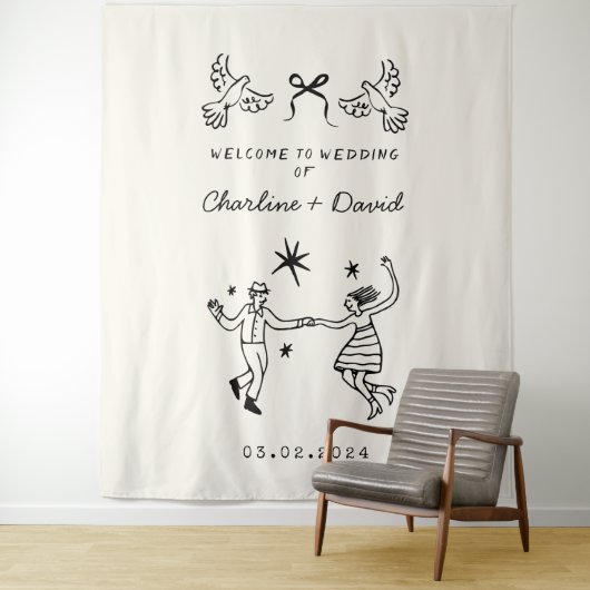 Met de Hand Getekende Krabbel Huwelijksbegroeting Wandkleed (In situ)