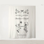 Met de Hand Getekende Krabbel Huwelijksbegroeting Wandkleed (Voorkant)
