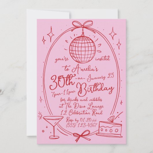 Met de hand getekende krabbelcocktail 30e Elke lee Kaart (Voorkant)