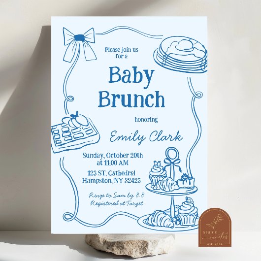 Met de hand getekende krabbels blauwe baby brunch kaart