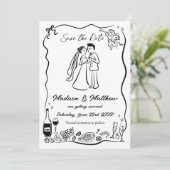 Met de Hand Getekende Krabbels Bruid & Bruidegom T Save The Date (Staand voorkant)