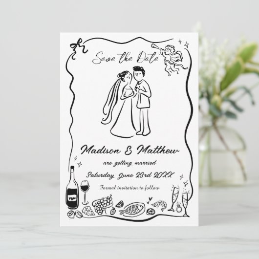 Met de Hand Getekende Krabbels Bruid & Bruidegom T Save The Date (Staand voorkant)