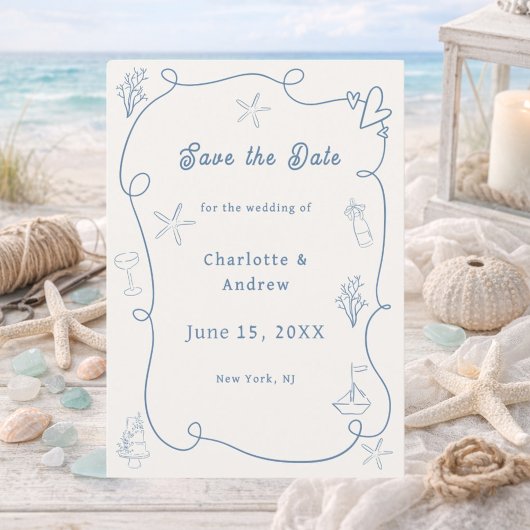 Met de hand getekende kuststrand stoffig blauwe iv save the date