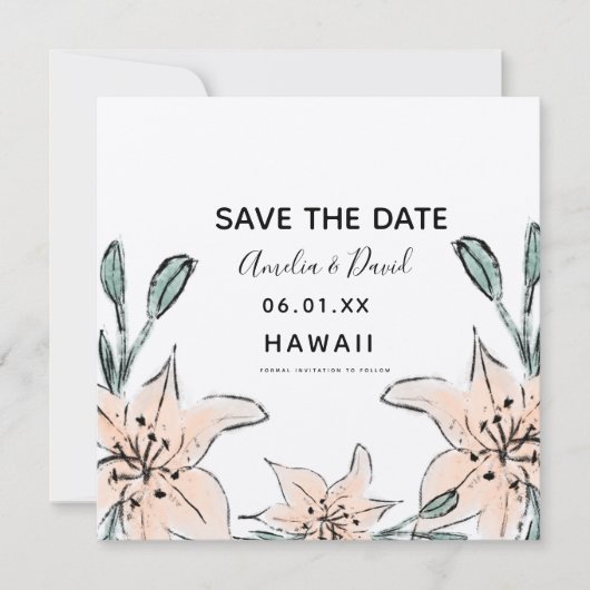 Met de Hand Getekende Lelies Groene Save the Date (Voorkant)