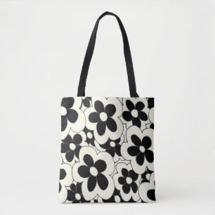 Met de hand getekende leuke bloem zwart wit tote bag