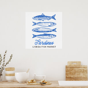 Met de Hand Getekende Lisboa Vis Markt Sardines Poster