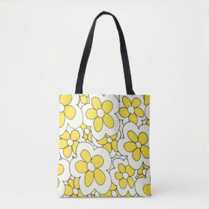 Met de hand getekende lofbloem print geel wit tote bag