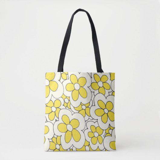 Met de hand getekende lofbloem print geel wit tote bag (Voorkant)