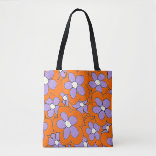 Met de hand getekende lolbloem print oranje paars tote bag