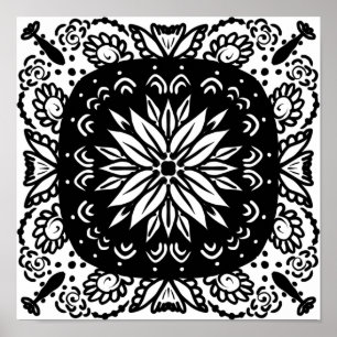 Met de Hand Getekende Mandala Doodle Kunst Zwart W Poster