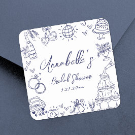 Met de Hand Getekende Marineblauwe Whimsical Bruid Vierkante Sticker