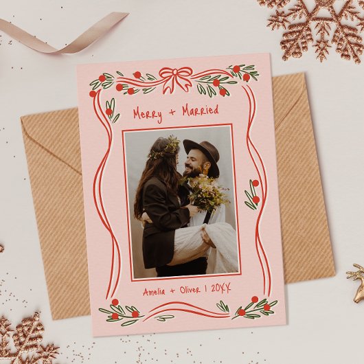  met de hand getekende Merry and Married Pink 2 Fo Feestdagenkaart