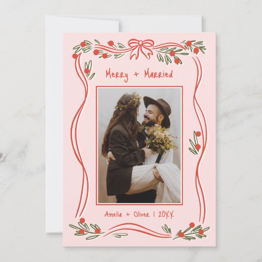  met de hand getekende Merry and Married Pink 2 Fo Feestdagenkaart (Voorkant)