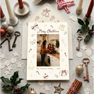 Met de Hand Getekende Merry Christmas Pret Foto Feestdagenkaart