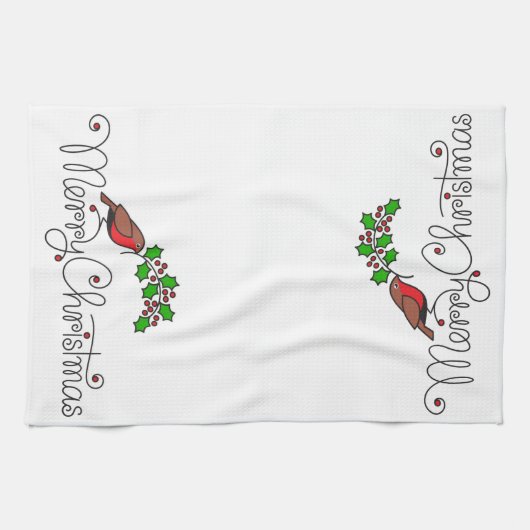 Met de hand getekende Merry KerstRobin met Holly Theedoek (Horizontaal)