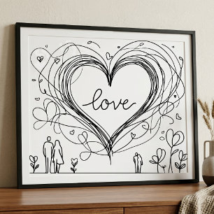 Met de Hand Getekende Minimalistische Liefdeshart Foto Afdruk