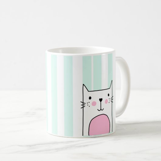 Met de hand getekende Mok met roze kat - blauwe st (Voorkant rechts)