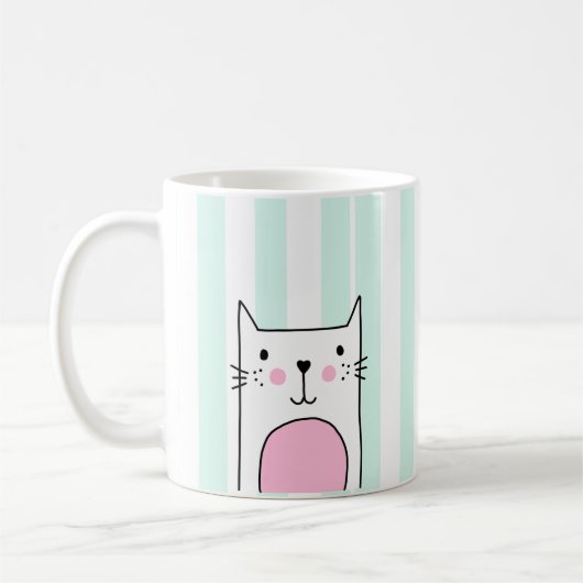 Met de hand getekende Mok met roze kat - blauwe st (Links)