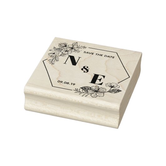 Met de hand getekende monogram hexagon bloemen rubberstempel (Stempel)