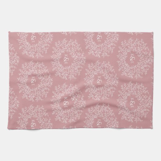 Met de hand getekende monogram roze bruiloft theedoek (Horizontaal)