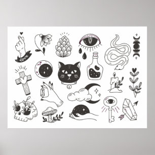 met de hand getekende mystieke tattoos doedelen,   poster