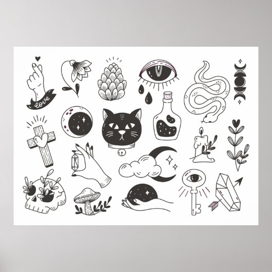 met de hand getekende mystieke tattoos doedelen,   poster (Voorkant)