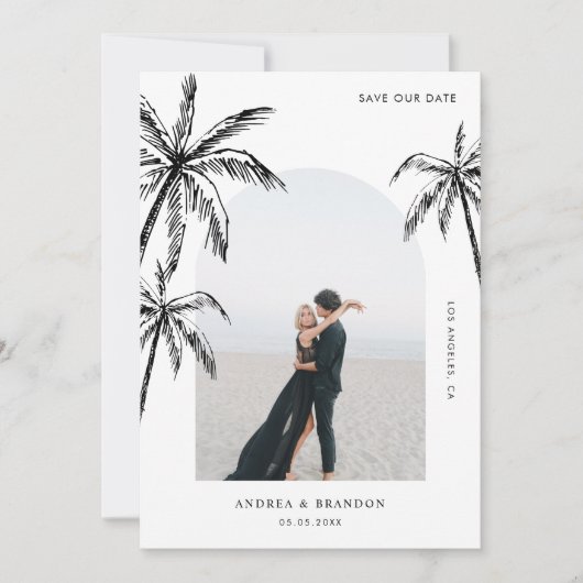 Met de Hand Getekende Palmboom Foto Bestemming Tro Save The Date (Voorkant)
