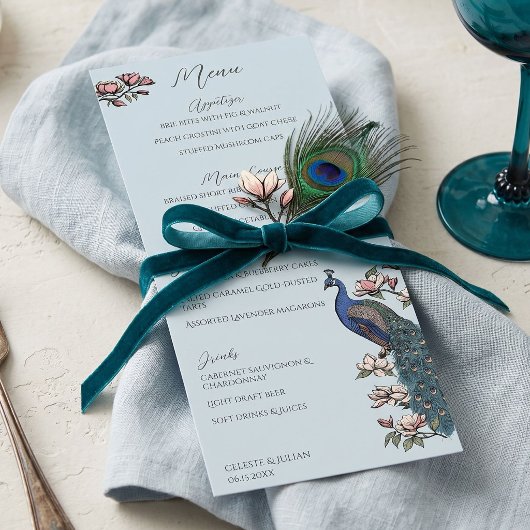 Met de Hand Getekende Pauw Chinoiserie Trouwmenu Menu