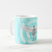 Met de hand getekende persoon met vleugelblauw koffiemok (Voorkant links)