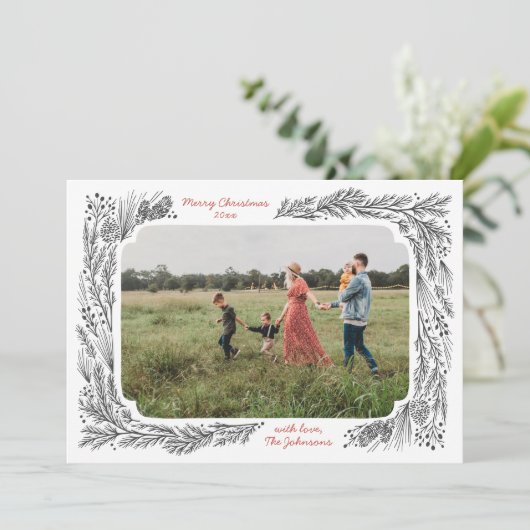 Met de hand getekende Pine Lijst Kerstmis Feestdagenkaart (Staand voorkant)