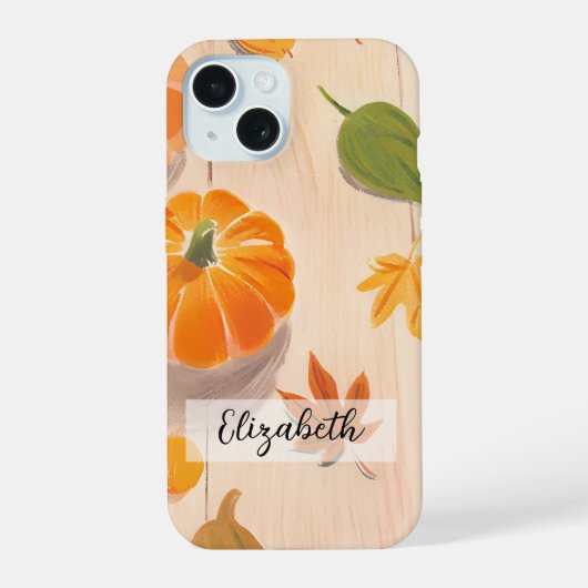 Met de hand getekende pompoen en herfstbladeren he iPhone 15 case (Achterkant)