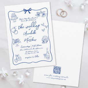 Met de Hand Getekende QR Code Blauwe Whimsical Bru Kaart