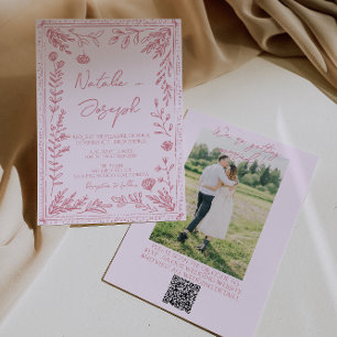 Met de Hand Getekende QR Code Bloemetuin Foto Brui Kaart