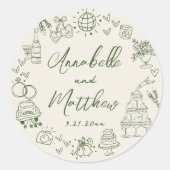 Met de Hand Getekende Retro Bruiloft Ronde Sticker (Voorkant)
