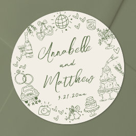 Met de Hand Getekende Retro Bruiloft Ronde Sticker
