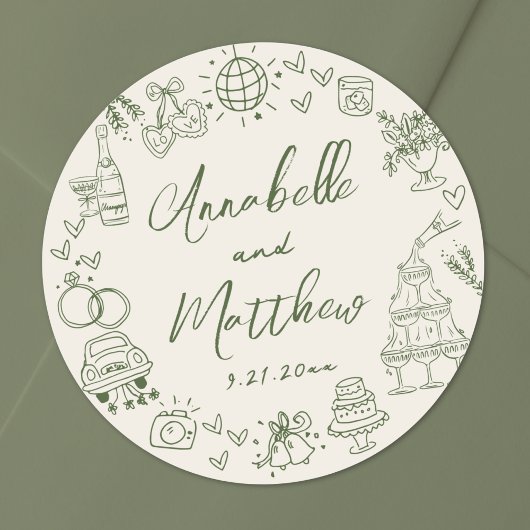 Met de Hand Getekende Retro Bruiloft Ronde Sticker