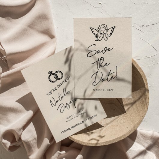 Met de Hand Getekende Retro Cupido Grappige Huweli Save The Date