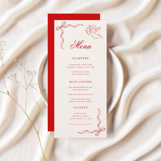 Met de Hand Getekende Retro Cupido Rood Cherub Vin Menu