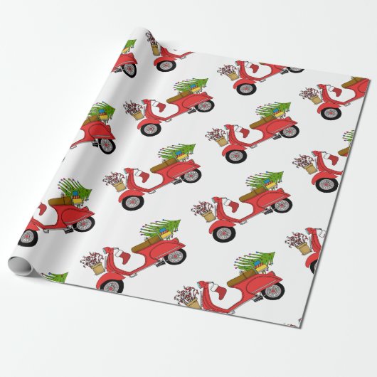 Met de hand getekende retro kerstscooter cadeaupapier (Uitgerold)