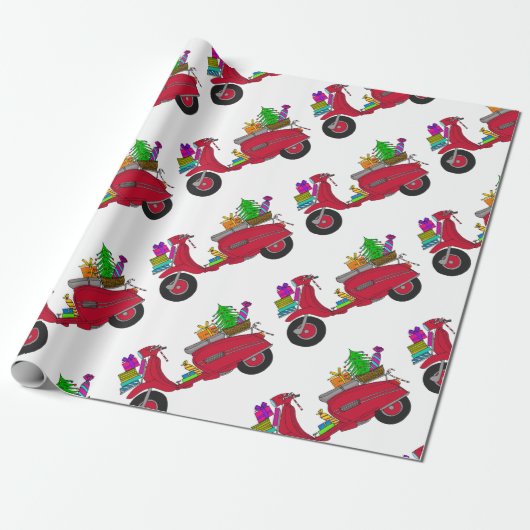 Met de hand getekende retro kerstscooter cadeaupapier (Uitgerold)