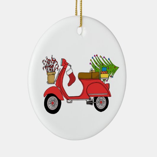 Met de hand getekende retro kerstscooter met cadea keramisch ornament (Rechts)