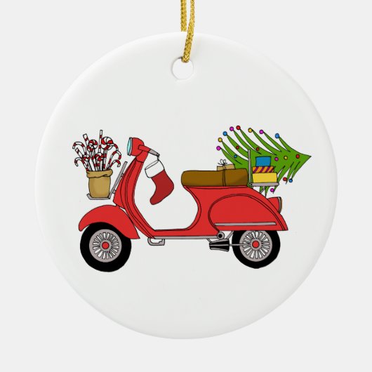 Met de hand getekende retro kerstscooter met cadea keramisch ornament (Voorkant)
